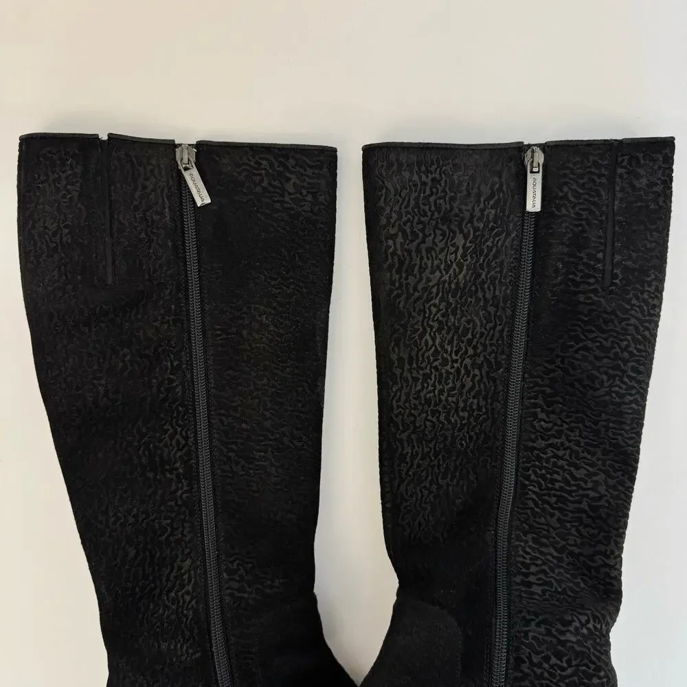 Aquatalia Weatherproof Tall Boots Black Suede Animal Print Block Heel Size 8.5